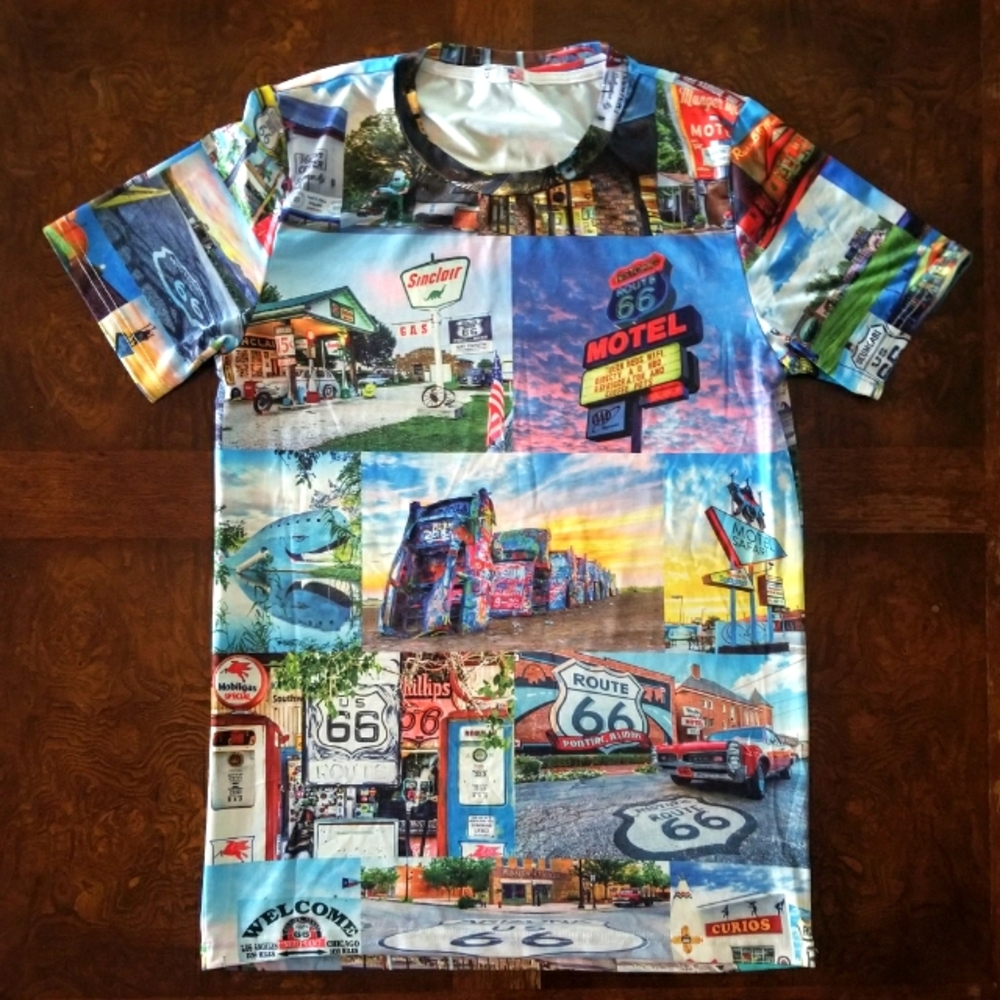 AOP Route 66 gas station road side attraction t-shirt size large
